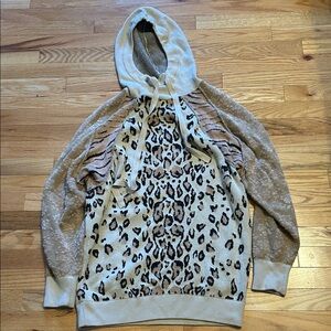 Free People Nala Hoodie. XS. Spiced chai color. Mixed print and texture. Unique!